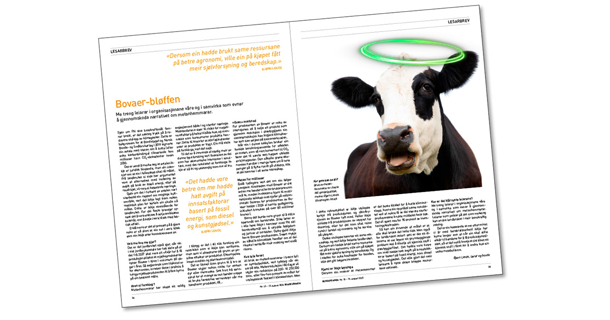 Bondevennen 15. august: Bonde og lærer Bjørn Lende<br />
hevder at bruk av metanhemmere er symbolpolitikk.