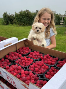 «Håper det smakar»: Sarah (8) og hunden Simba hjelper til der det trengst. Og yngstejenta viser gjerne fram ein dans for kundane for å takke for handelen og ønske dei ein god dag.