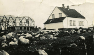 Historie full av stein: Gårdstunet til Gjertrud Malena og Elling Auestad på bureisingsbruket «Vesterheim gard» på Høg-Jæren i 1934, tre år etter at de kjøpte bruket. Bolighuset ble satt opp av staten, mens resten måtte bureiserne ordne selv. Steinene i forgrunnen illustrerer strevet de hadde. Låven er her under bygging. Fjøset i den ene enden er oppført i murstein, mens den andre enden rommer høyrommet/høylåven. Foto fra jubileumsboka til Varhaug Bondelag.