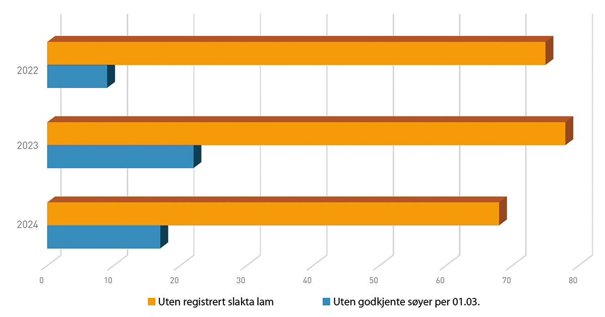 Ikkje godkjent: Tal føretak av dei som søkte produksjonstilskot for dei ulike åra som ikkje fekk godkjent søyer og tal føretak kor det i rapporten ikkje er registrert lam til slakt.