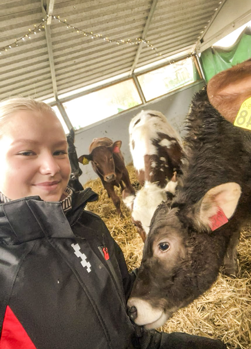 Tid med dyra i fjellet og heime: Her er Brede utanfor fellesstølen på Fyrjo. Dyra har fått tilsyn og kraftfôr. Elisabeth er inne hjå hyttebuarane ofte, både for stell og sosialisering. Det er trivsel både for ho og dyra.