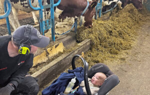 Fôring: Odd Inge fôrar kyrne. Loke på tre måneder er med. Foto: Privat