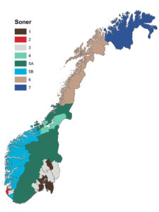Dagens soneinndeling: Sone 3 er farga grått og viser BGS-kommunane i Rogaland som er ein del av den såkalla kornsona i aust. Figur: Landbruksdirektoratet.