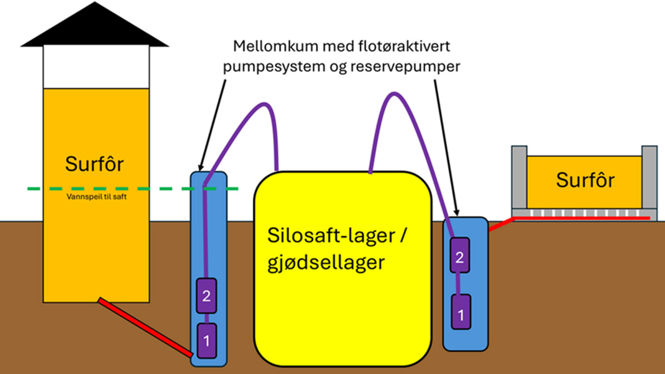 Figuren viser oppsamlingssystem for silosaft i tårnsilo (venstre) og plansilo (høyre).<br />
Oransje felt er surfôr. Røde streker er rørsystem. Blå felt er mellomkummer.<br />
Lilla felt er flottørpumper hvorav tallene 1 er hovedpumper og 2 er reservepumper.<br />
Gult felt er endelig lagring av silosaft.